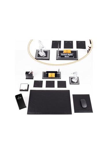 Opta 10 Parça Şahlanan At Biblolu Siyah Deri Sümen Seti Takımı Gümüş Ofis Masa İsimliği Lüks İsimlik