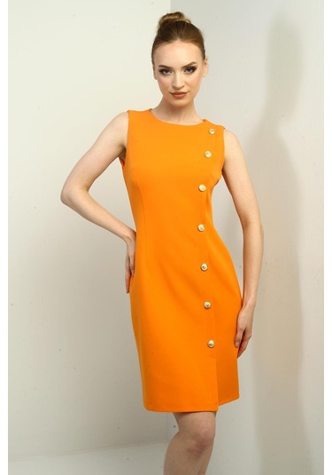 Kadın Kendinden Telalı Yan Düğmeli Kısa Elbise-40641 Oranj