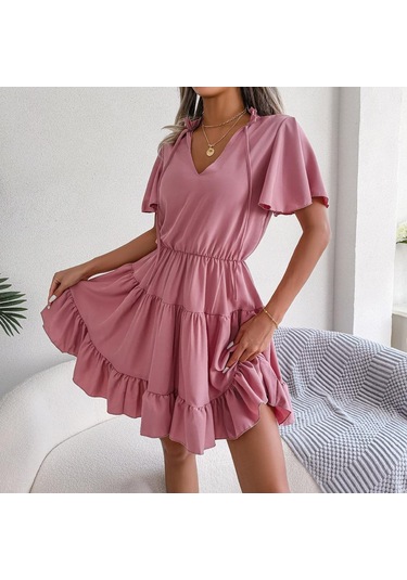 Gmxıa Kadın Modası Düz Renk Baskılı Yaz Bahar Kısa Kollu V Yaka Bol Günlük Elbiseler Pembe