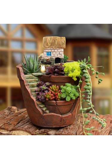 Jeehugo Kahverengi Sentetik Reçine Süs Bitki Saksısı - Detaylı Sanatsal Desen, Su Drenajı & Kaymaz Önleyici - Ev Dekorasyonu İçin Hafif Ve Dayanıklı