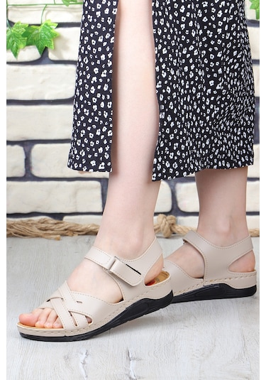 Vojo 847 Ortopedik Hafif Taban Günlük Anne Kadın Sandalet 267800001853 15 Krem Krem