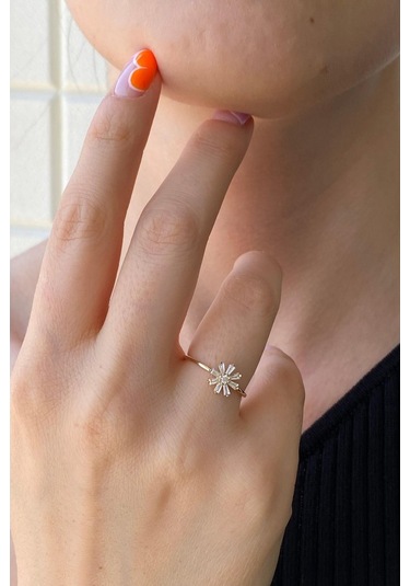 Zümrüt Sarraf 14 Ayar Yeşil Altın Kadın Minimal Taşlı Papatya Yüz 553891797