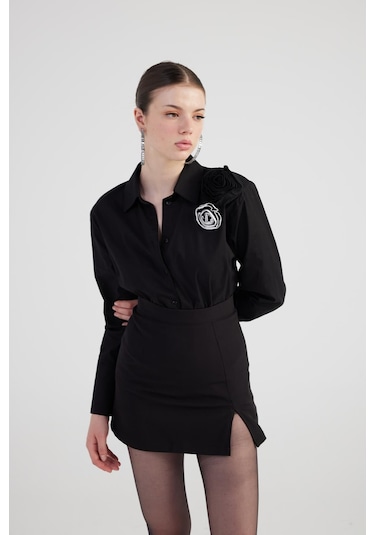 Holly Lolly Gül Detaylı Poplin Madison Gömlek Siyah