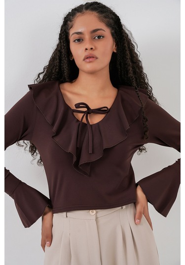 Kadın Uzun Kol Crop Bluz 979 - Kahverengi Kahverengi