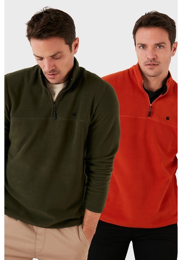 Buratti Slim Fit Anti-Pilling Tüylenme Yapmayan Bato Yaka Şardonlu 2'Li Paket Erkek Polar 5906001S2 Haki-Oranj