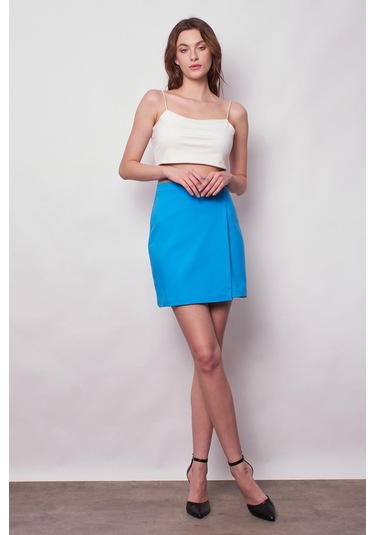 Kadın Yüksek Bel Kruvaze Model Hafif Likralı Şık Kumaş Ofis Etek-mavi Mavi