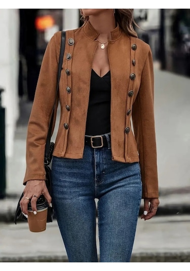 Kadın Uzun Kollu Hakim Yaka Yanlardan Düğmeli Kısa Süet Ceket Kahve