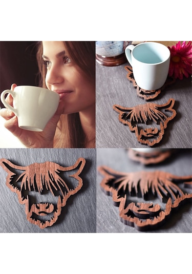 Hayvan Tasarımlı Ahşap Bardak Altlıkları,ahşap Highland İnek Bardak Altlıkları Kahverengi