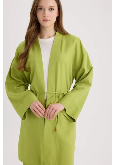 Defacto Relax Fit Kuşaklı Keten Karışımlı Kimono D8182ax25spgn698 Yeşil