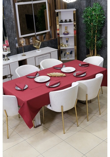 Dream 8 Parça Masa Örtüsü Seti Çeyiz Seti Salon Masa Örtüsü, Runner, 6'lı Peçete Vişne