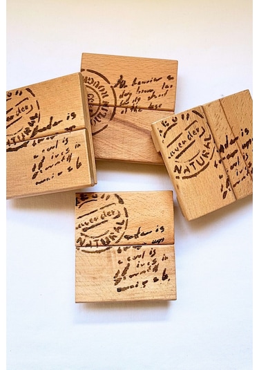 4 Lü Ham 1. Sınıf Masif Ahşap El Yapımı Mektup Desenli Bardak Alt Kahverengi