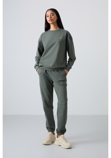 Tommy Life Çağla Basic Pamuklu O Yaka Oversize Lastik Paça Kadın Eşofman Takım - 95287 Çağla