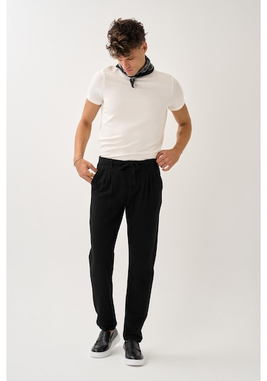 Alexandergardi Regular Fit Beli Lastikli Keten Pantolon Siyah
