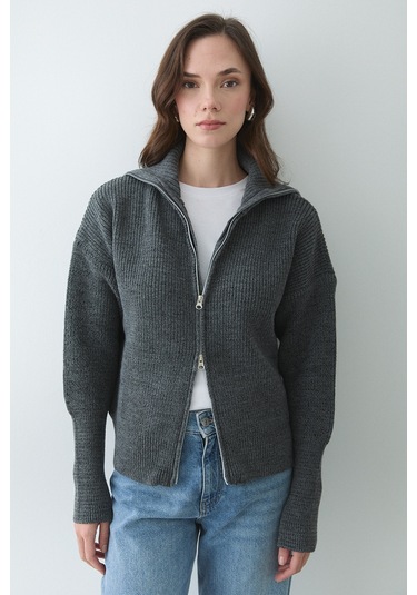 Antrasir Çift Fermuarlı Hırka - 251080 Antrasit