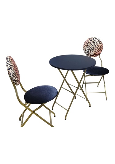 Katlanabilir Leopar Desenli Gold Metal Masa Ve Sandalye Takımı -