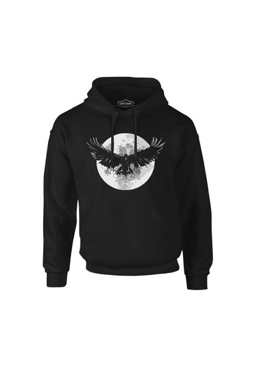 Raven Bird Wings And Moon Siyah Erkek Fermuarsız Kapşonlu 001