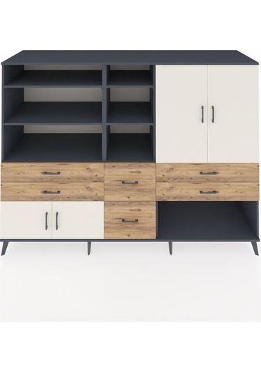 Kronos Dolap 10 Raflı 6 Çekmeceli 4 Kapaklı 220x59x163 Antrasit-a Antrasit-aytaşı/çam