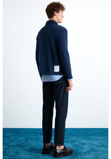 Calpe Erkek Skuba Interlok Kumaşlı Organik Pamuklu Fermuarlı Cepli Şık Gömlek Tipi Lacivert Ceket