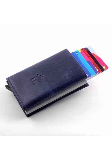 Ancora Leather Crazy Hakiki Deri Erkek Cüzdanı Mekanizmalı Laci Lacivert