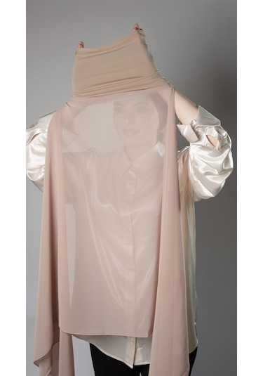 Bej Pratik Hazır Geçmeli Şal Şifon Boru Boneli 3001_12