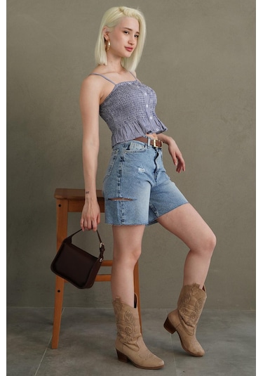 Madmext Saks Ayarlanabilir Askı Pötikareli Crop Mg2371 Saks