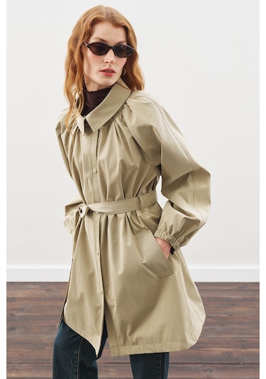 Oversıze Bağlamalı Midi Trençkot Haki Haki