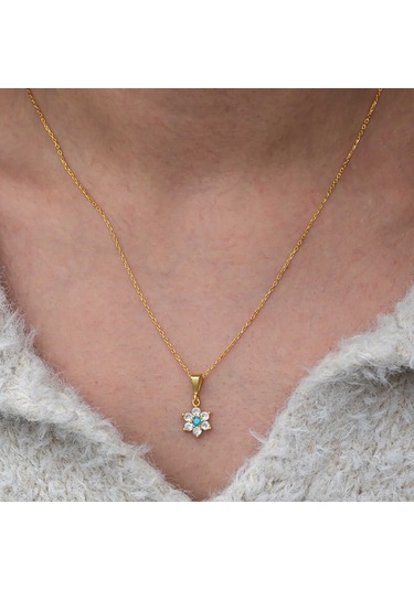 Blackcraft Gümüş Mavi Taşlı Gold Çiçek Kadın Kolye Bc-e74b06 Renkli