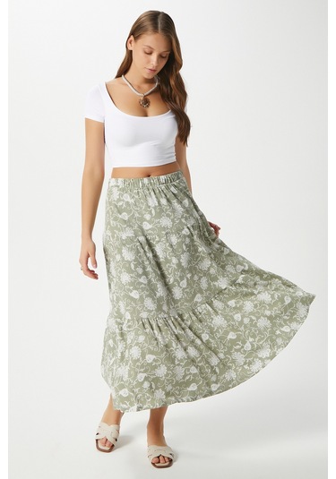 Kadın Caty Bel Lastikli Haki Krem Uzun Etek Yeşil