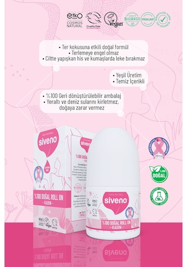 Siveno %100 Doğal Roll On Kadın Deodorant Ter Kokusu Önleyici Bitkisel Leke Bırakmayan Vegan 50 ML