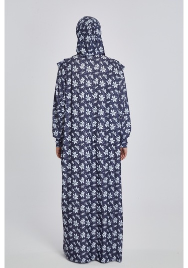 Pratik Tek Parça Manolya Desenli Namaz Elbisesi Lacivert