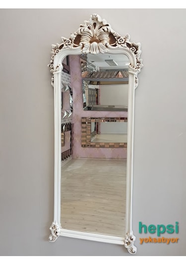 Vintage Madam Model Eskitme Beyaz Renk Varaklı Boy Aynası Beyaz