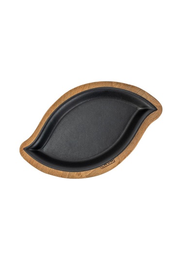 Lava Döküm Dikdörtgen Servis Tabağı Ve Ahşap Altlığı. Ölçü 15x26cm. Siyah