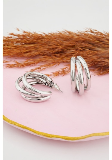 Kadın Kararmaz Boru Halka Küpe Gümüş-M Gümüş