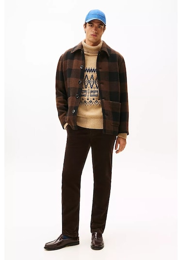 Erkek Denton Düz Paça Kadife Pantolon - Kahverengi Leopard Aop