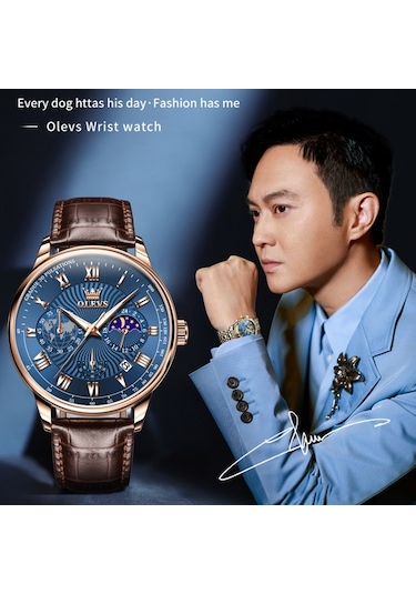 Olevs 2893 Erkekler Çok Fonksiyonlu İş Kuvars Saati Kahverengi + Mavi