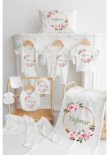 Bebewini %100 Pamuk Baskılı 11'li Isimli Organik Bebek Hastane Çıkış Ekru