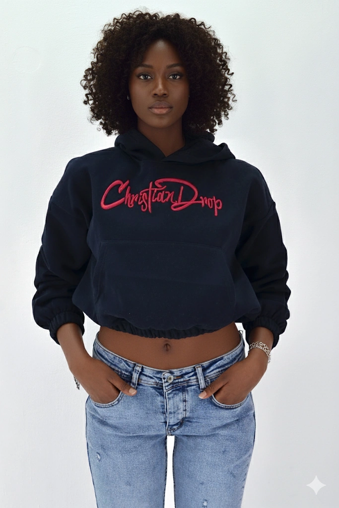 Kadın Neon Christian Drop Yazılı Kapüşonlu Crop Kesim Lacivert Sweatshirt Nakış İşlemeli Lacivert