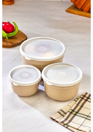 3'lü Hava Geçirmez Saklama Kabı - Krem Krem