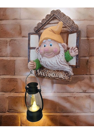 1 Adet Dekoratif Duvar Ve Bahçe Süsü Fenerli Sevimli Cüce Sarı