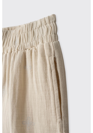 Panço Kız Çocuk Baskılı Müslin Pantolon Bej