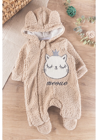 Babymod Kedi Figürlü Peluş Welsoft Kız/erkek Bebek Tulum Bej