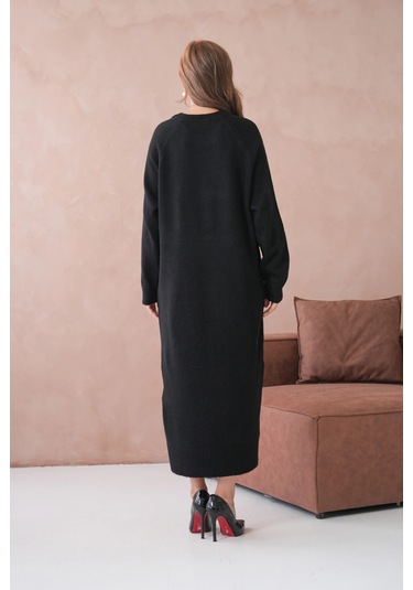 Kadın Bisiklet Yaka Yumuşak Dokulu Maksi Boy Şardonlu Oversize Triko Elbise 8324sw Siyah