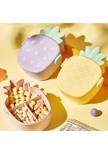 Ananas Görünümlü Çocuk Beslenme Çantası 3 Bölmeli Taşınabilir Yemek Kabı Mor
