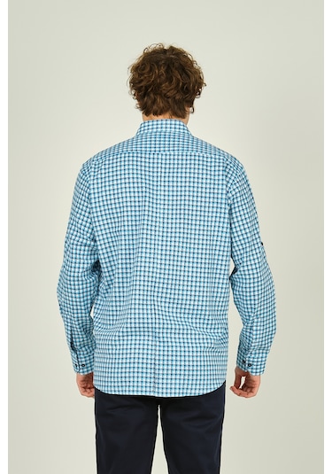 Figs Erkek Slim Fit Ekoseli Uzun Kollu %100 Pamuk Gömlek 0016 Mavi Mavi
