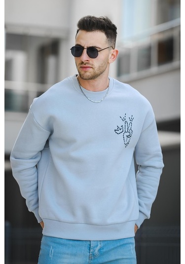 Oksit Trc 2719 Üç İplik Şardonlu Sırt Baskılı Bisiklet Yaka Oversize Erkek Sweatshirt 001