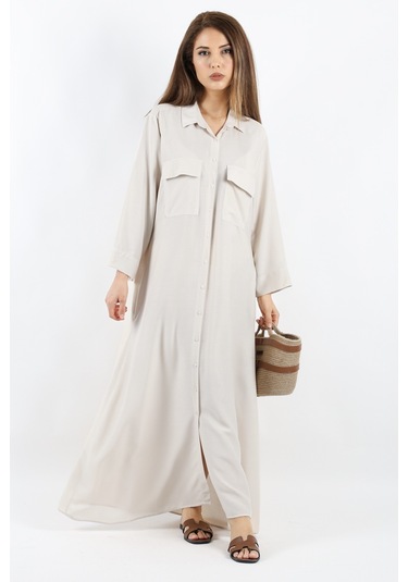 Prive Kadın Plain Bej %100 Viskon Maksi Boy Cepli Yazlık Uzun Elbise Bej