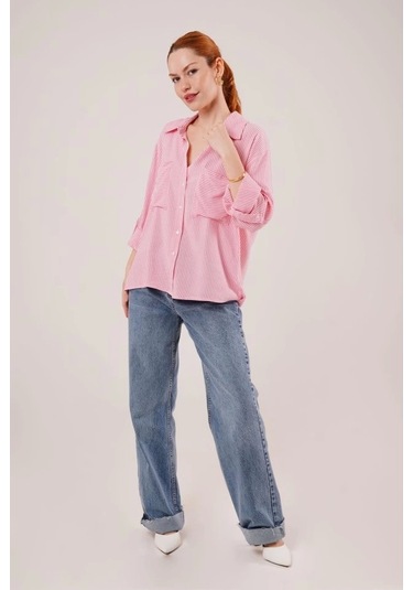 Yarasa Kol Çizgili Cep Detaylı Pembe Gömlek Pembe