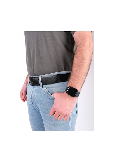 Hakiki Manda Derisi Siyah Tokalı Erkek Kot Kemeri 4,5 Cm Siyah