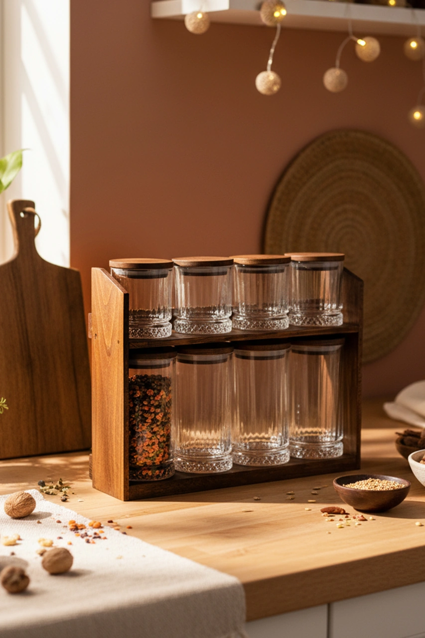 Mira Mix - 8'li Ahşap Standlı Vakumlu Ahşap Kapaklı Cam Baharatlık Takımı Saklama Kabı Seti Ahşap