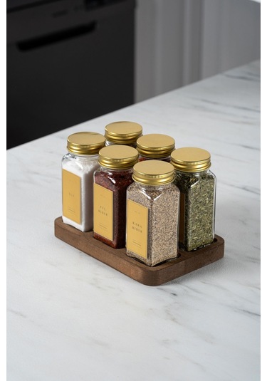 Mienda Home 6 Bölmeli Ahşap Dörtgen Baharatlık Standı Ahşap